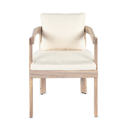 Acacia wood dining chair with beige cushion, armchair style on Tampa Home & Garden Store