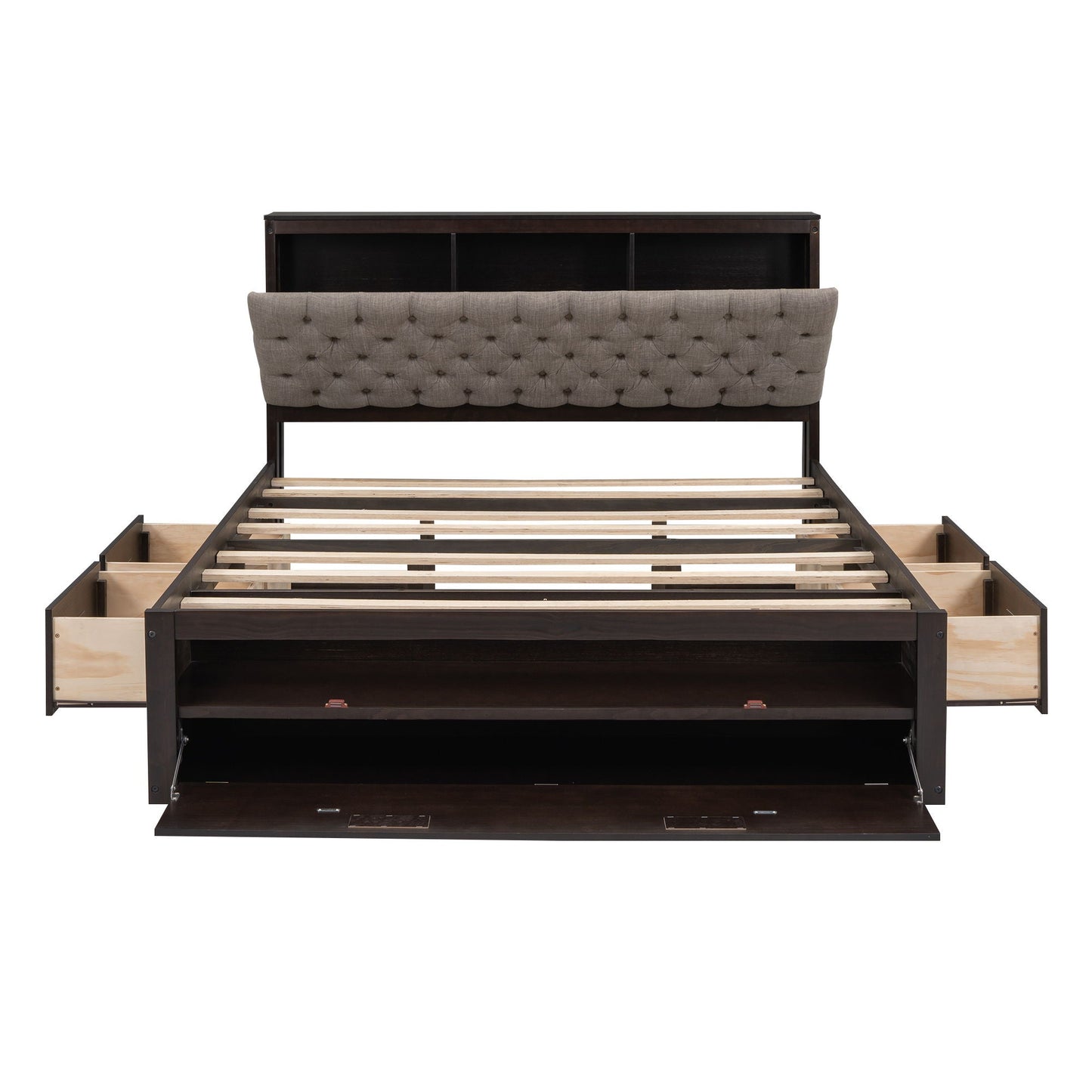 HouseOfZazla platform bed with storage headboard and 4 drawers in dark wood on Tampa Home & Garden Store