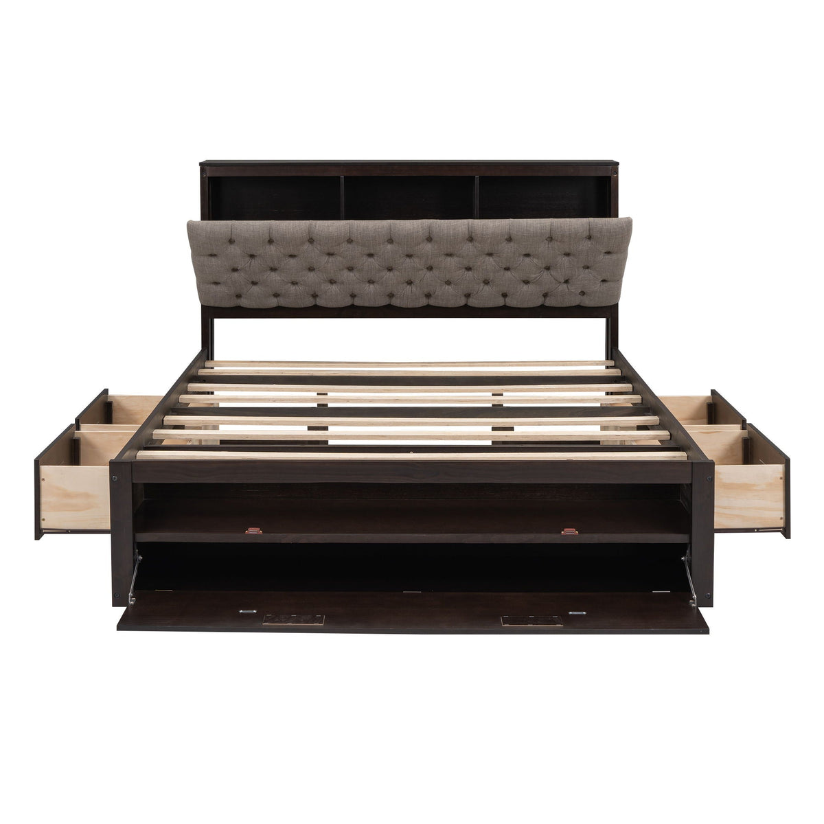 HouseOfZazla platform bed with storage headboard and 4 drawers in dark wood on Tampa Home & Garden Store