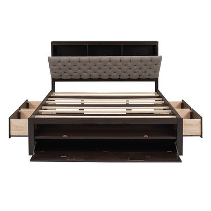 HouseOfZazla platform bed with storage headboard and 4 drawers in dark wood on Tampa Home & Garden Store