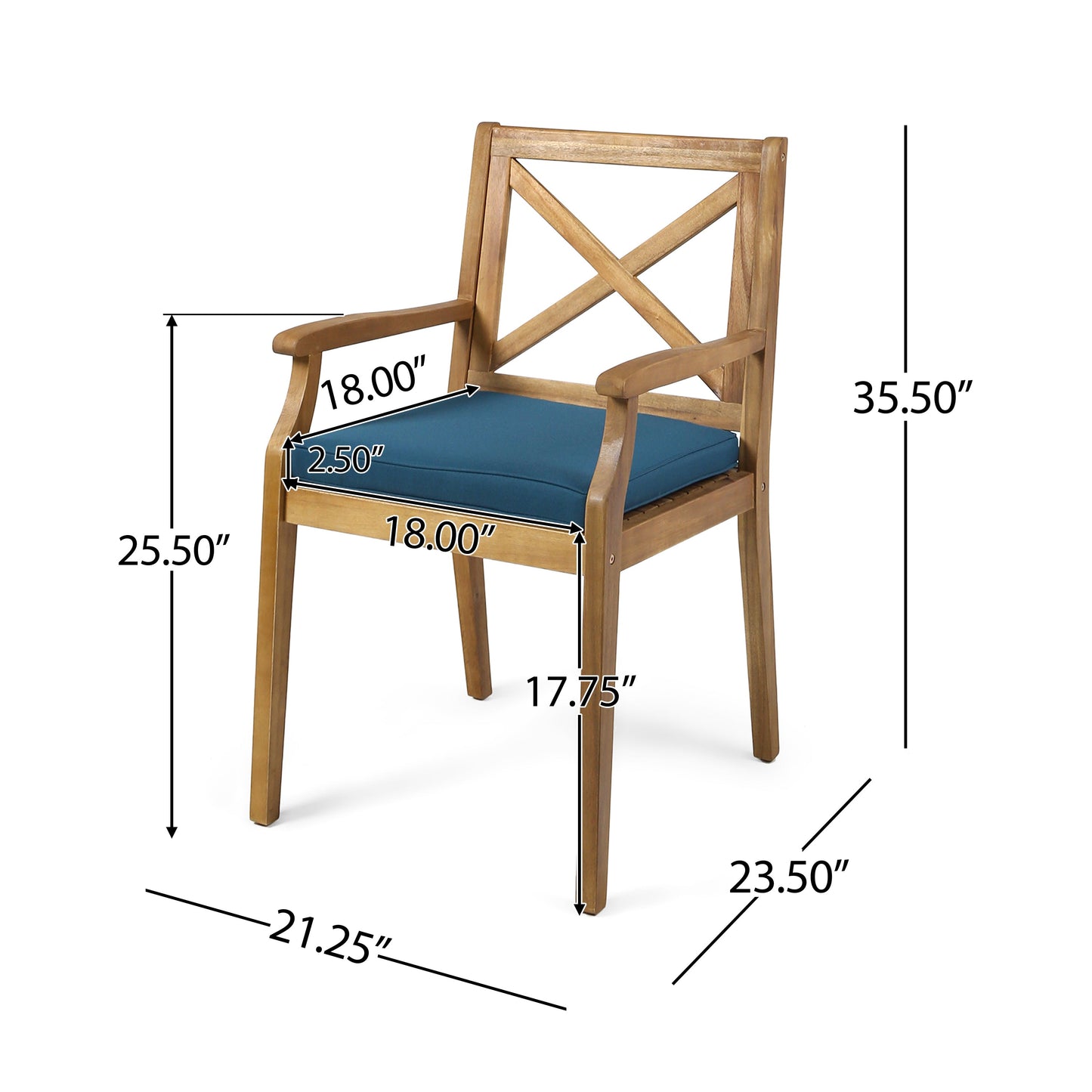 Perla outdoor dining chair by HouseOfZazla with blue cushion wooden frame on Tampa Home & Garden Store