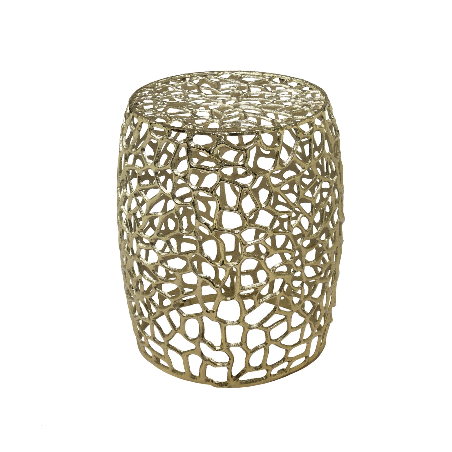 Aluminum drum end table in gold with intricate lattice design by HouseOfZazla on Tampa Home & Garden Store