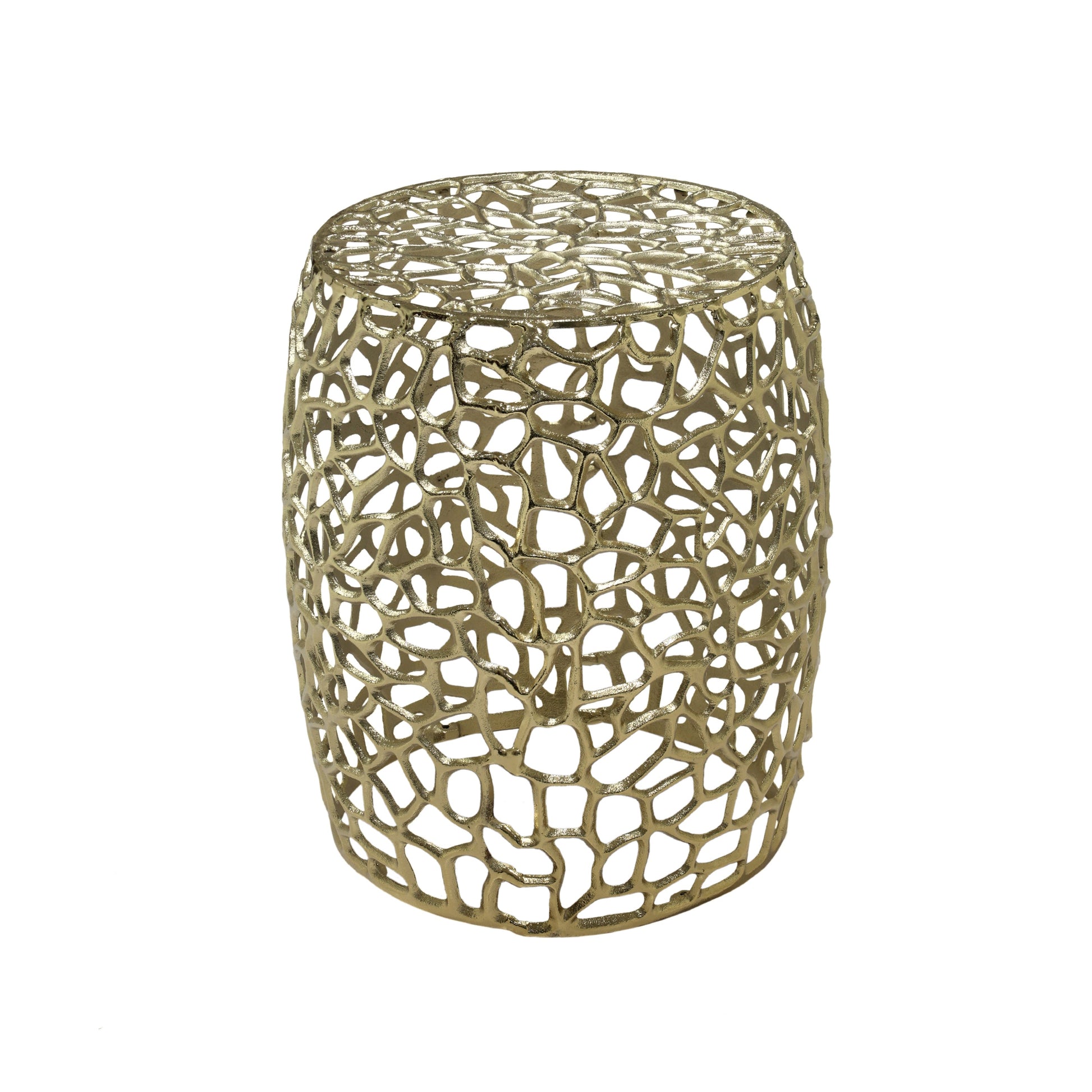 Aluminum drum end table in gold with intricate lattice design by HouseOfZazla on Tampa Home & Garden Store
