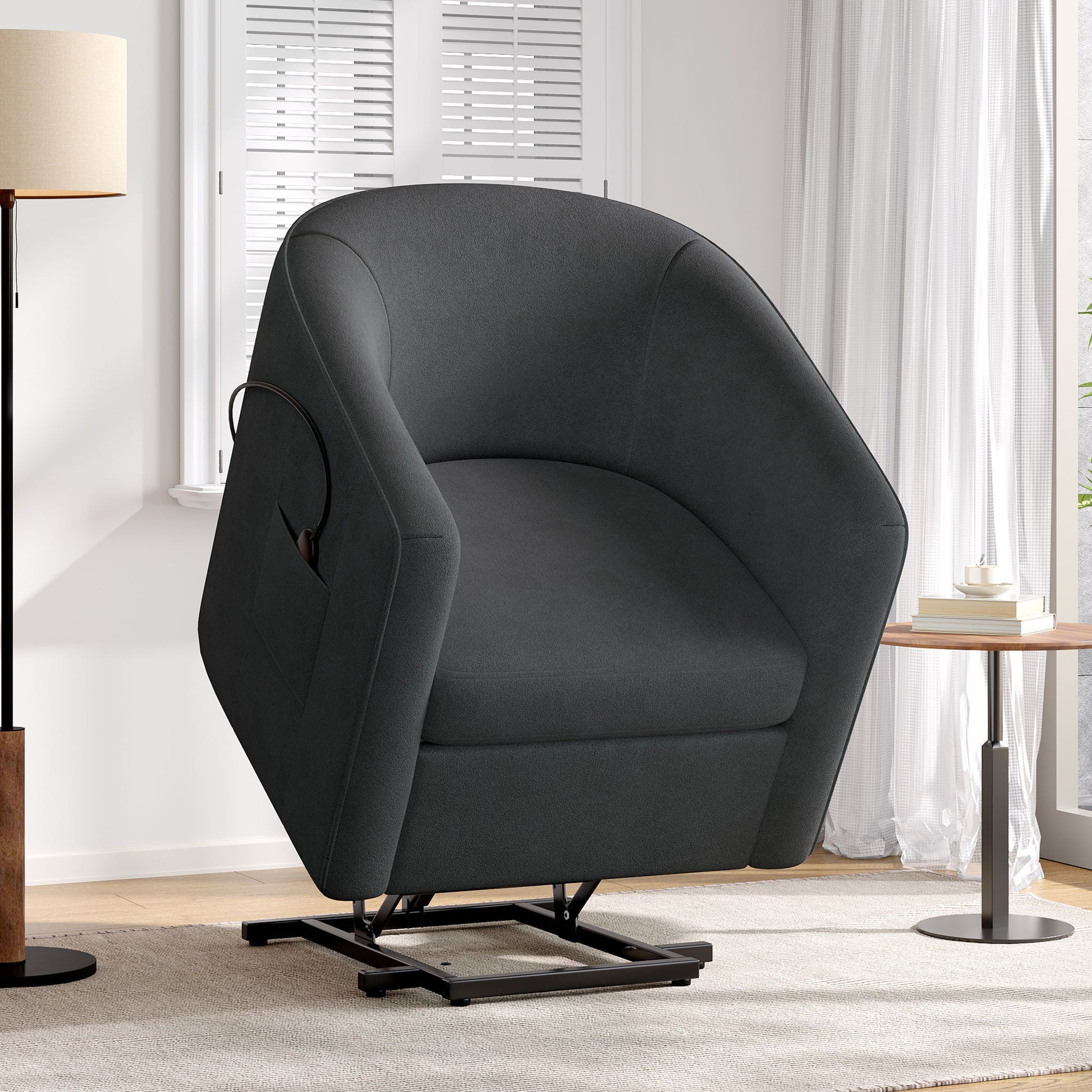 HouseOfZazla power lift recliner barrel chair in black fabric with footrest and side pocket on Tampa Home & Garden Store