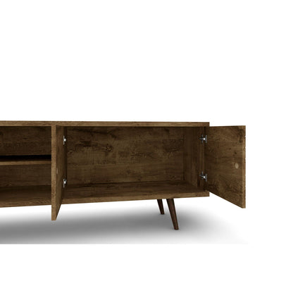 63-inch TV stand with solid wood legs and hidden storage in dark brown finish on Tampa Home & Garden Store