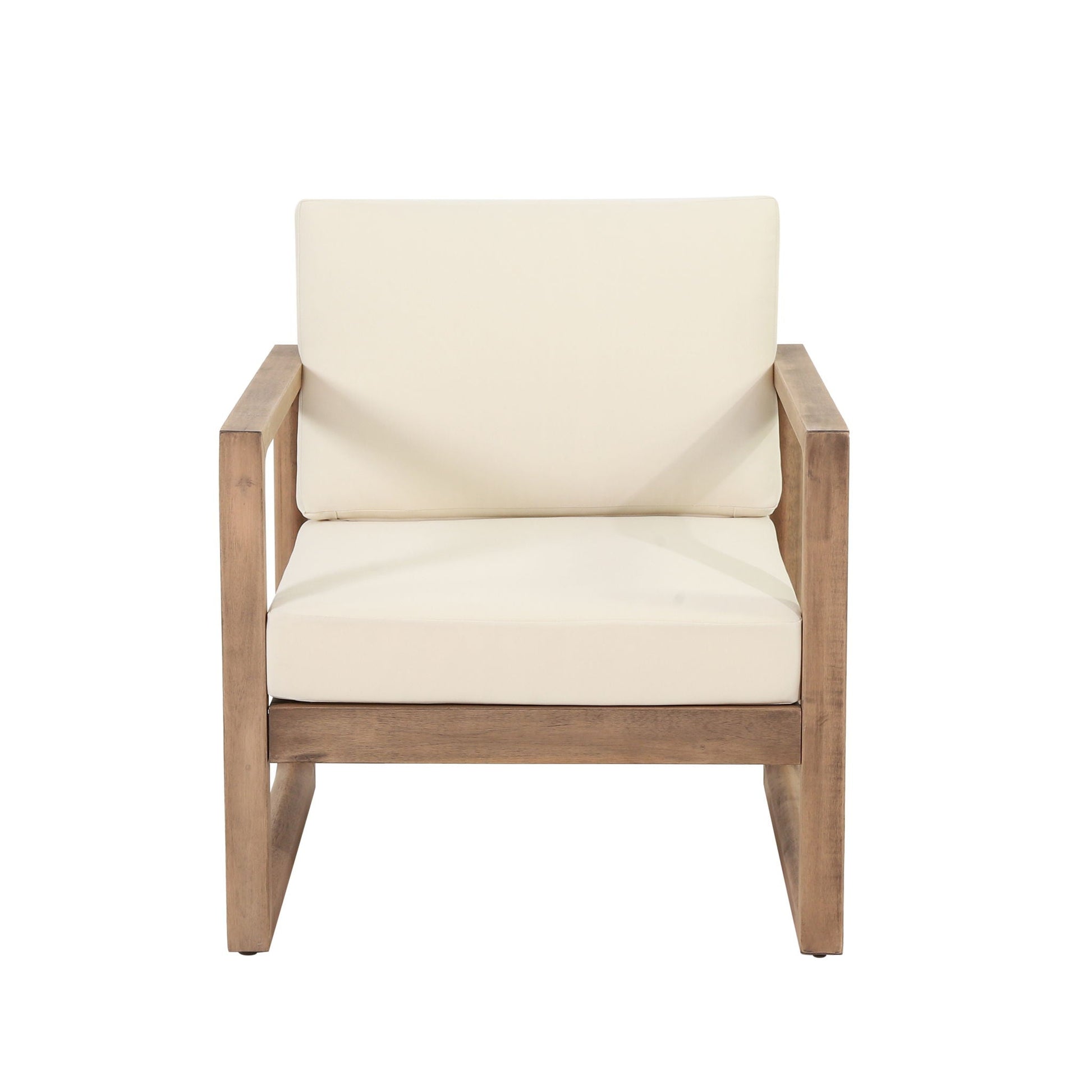 Outdoor Acacia Wood Patio Club Chair with beige cushions by HouseOfZazla on Tampa Home & Garden Store