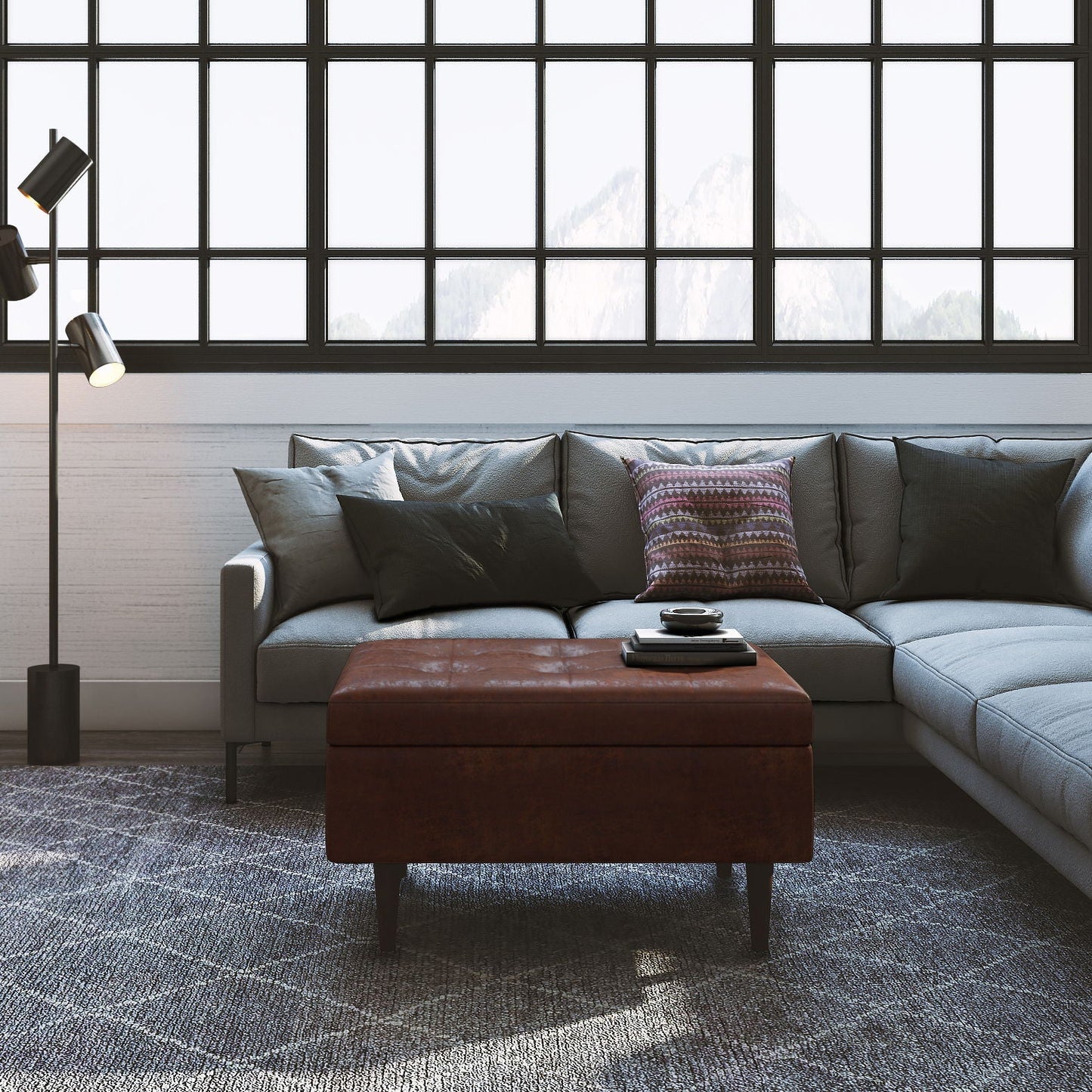 Shay Large Square Coffee Table Storage Ottoman brown leather with mid-century style in living room on Tampa Home & Garden Store
