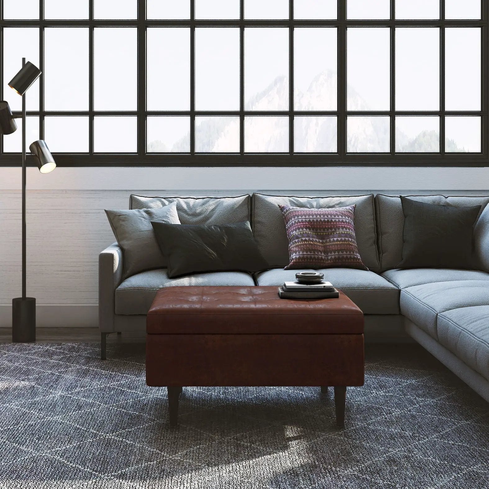 Shay Large Square Coffee Table Storage Ottoman brown leather with mid-century style in living room on Tampa Home & Garden Store
