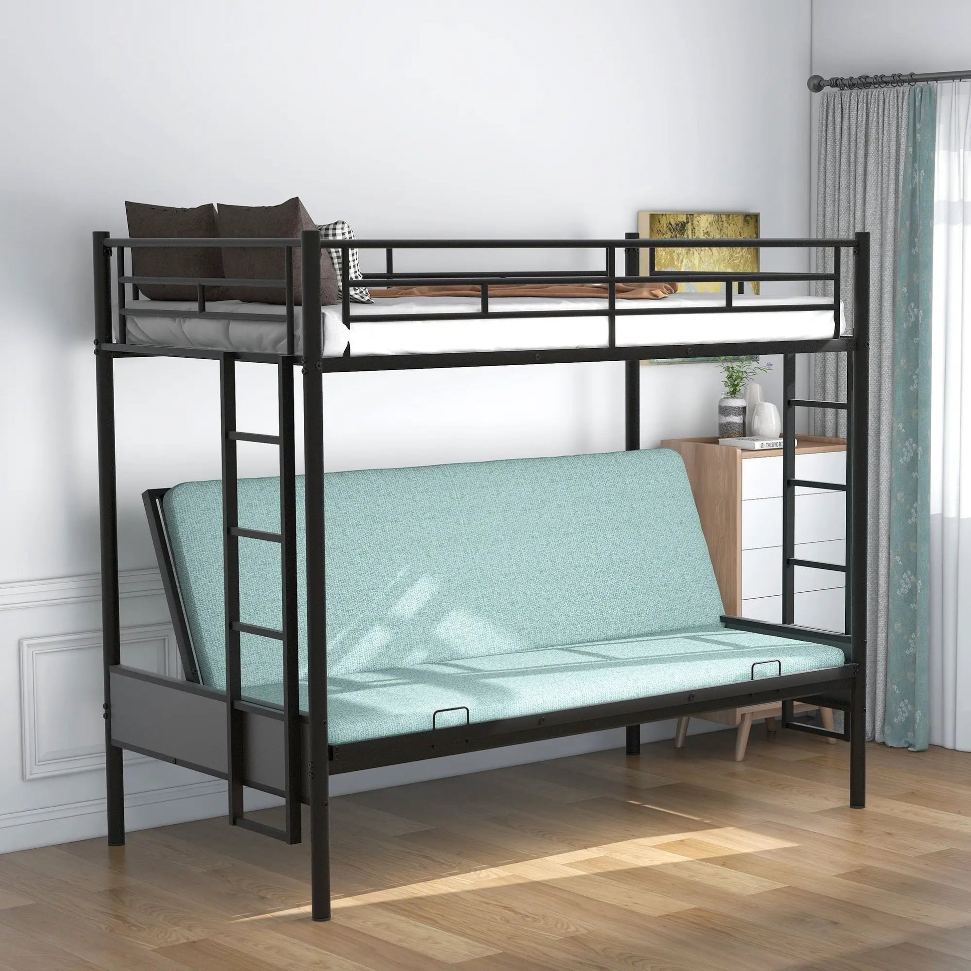 Twin over full bunk bed in black metal frame with guard rails and ladder, multifunction design on Tampa Home & Garden Store