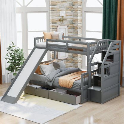 HouseOfZazla gray bunk bed with storage staircase, slide, drawers and built-in desk and shelves on Tampa Home & Garden Store