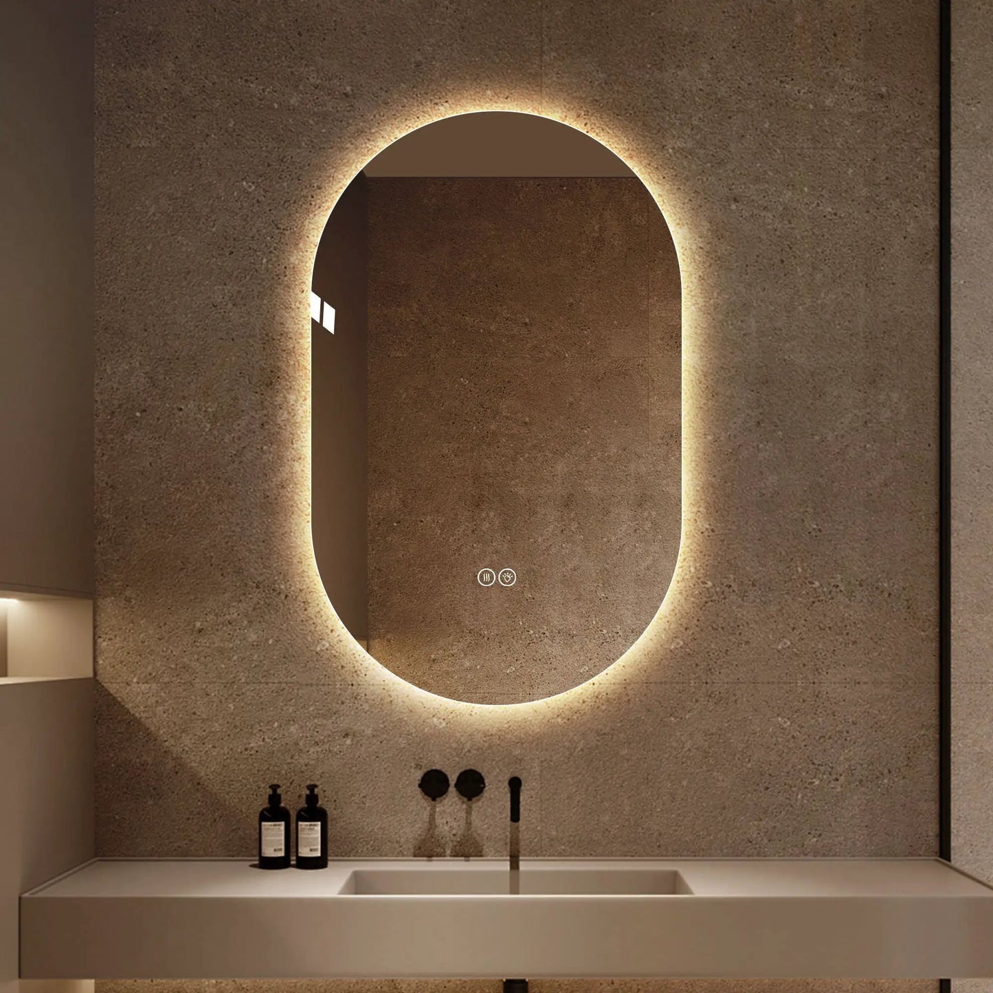 Smart oval LED mirror with backlit halo and anti-fog touch controls on Tampa Home & Garden Store