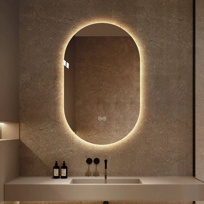 Smart oval LED mirror with backlit halo and anti-fog touch controls on Tampa Home & Garden Store