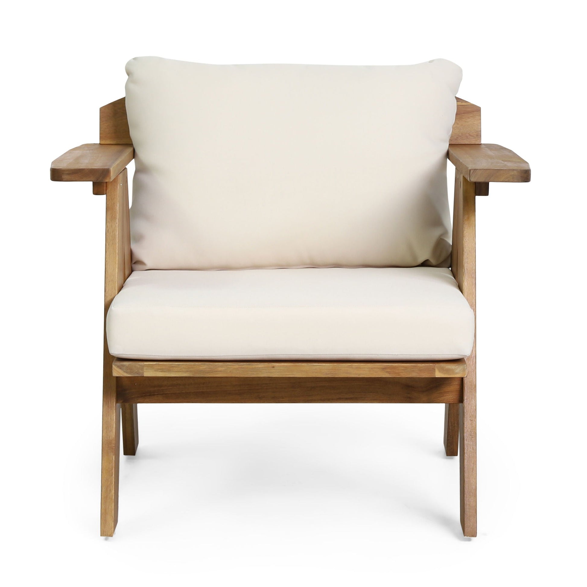 Outdoor acacia wood club chair with beige cushions on Tampa Home & Garden Store
