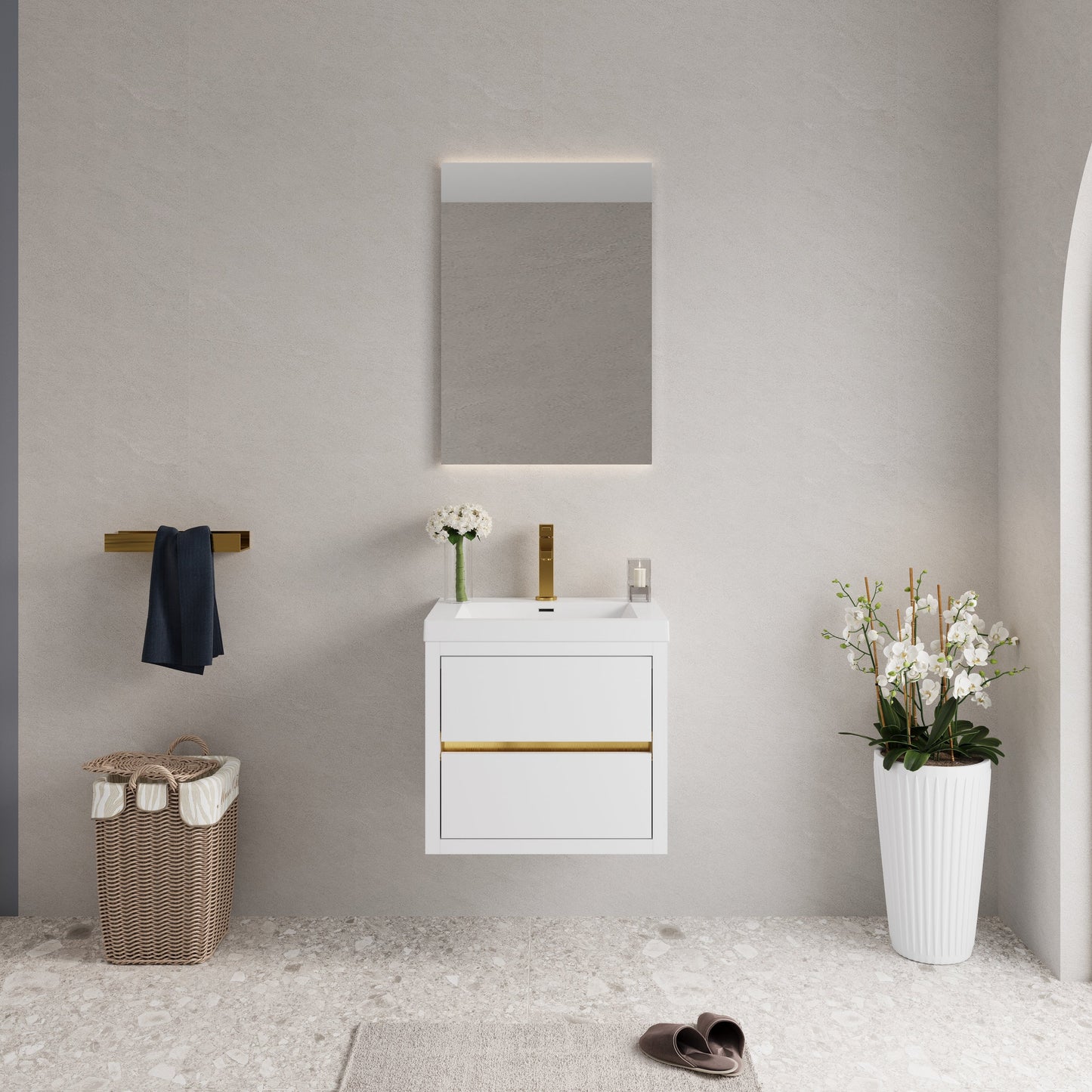 24-in wall-mounted bathroom vanity with sink and storage cabinet, white with gold hardware on Tampa Home & Garden Store