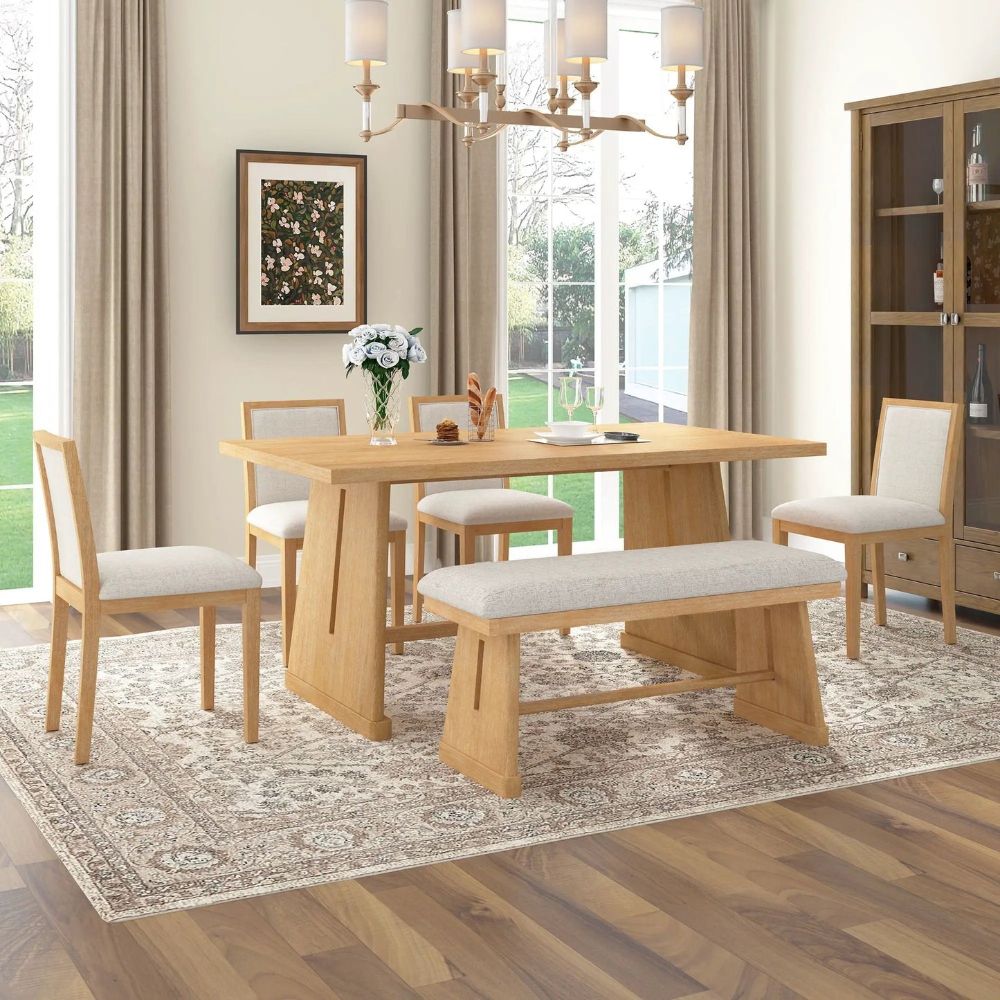 6-Piece dining set with rectangular table, 4 upholstered chairs and padded bench in light oak on Tampa Home & Garden Store