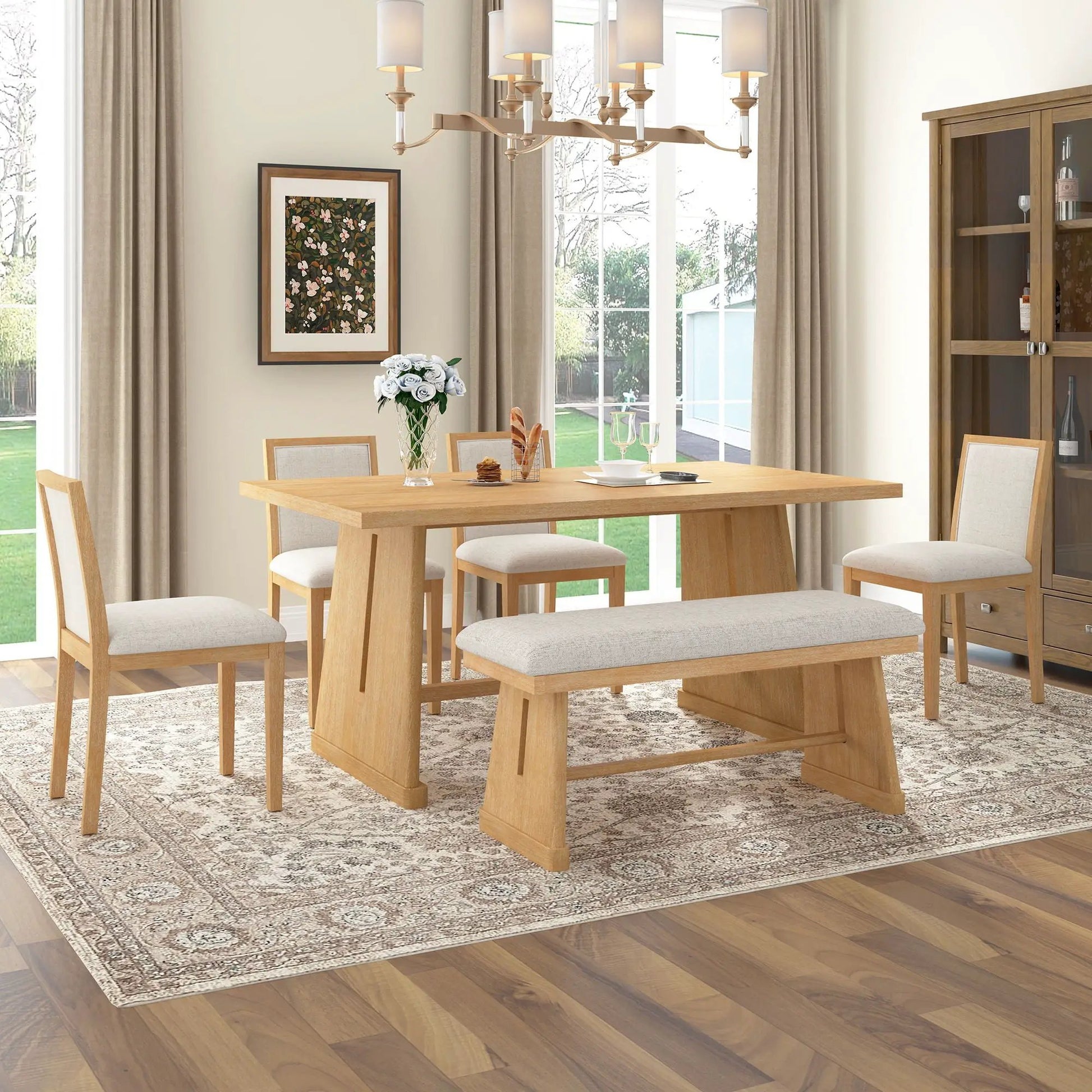 6-Piece dining set with rectangular table, 4 upholstered chairs and padded bench in light oak on Tampa Home & Garden Store