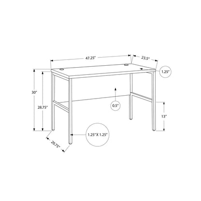 Computer desk line drawing with metal frame; 47.25W x 23.5D x 30H, top cable holes on Tampa Home & Garden Store