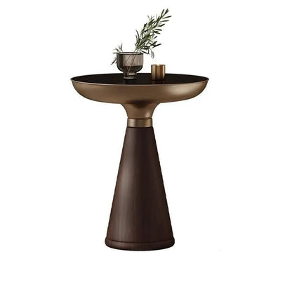 Tempered glass round side table with bronze top and dark wood pedestal by FLIPSTYLEZLLC on Tampa Home & Garden Store