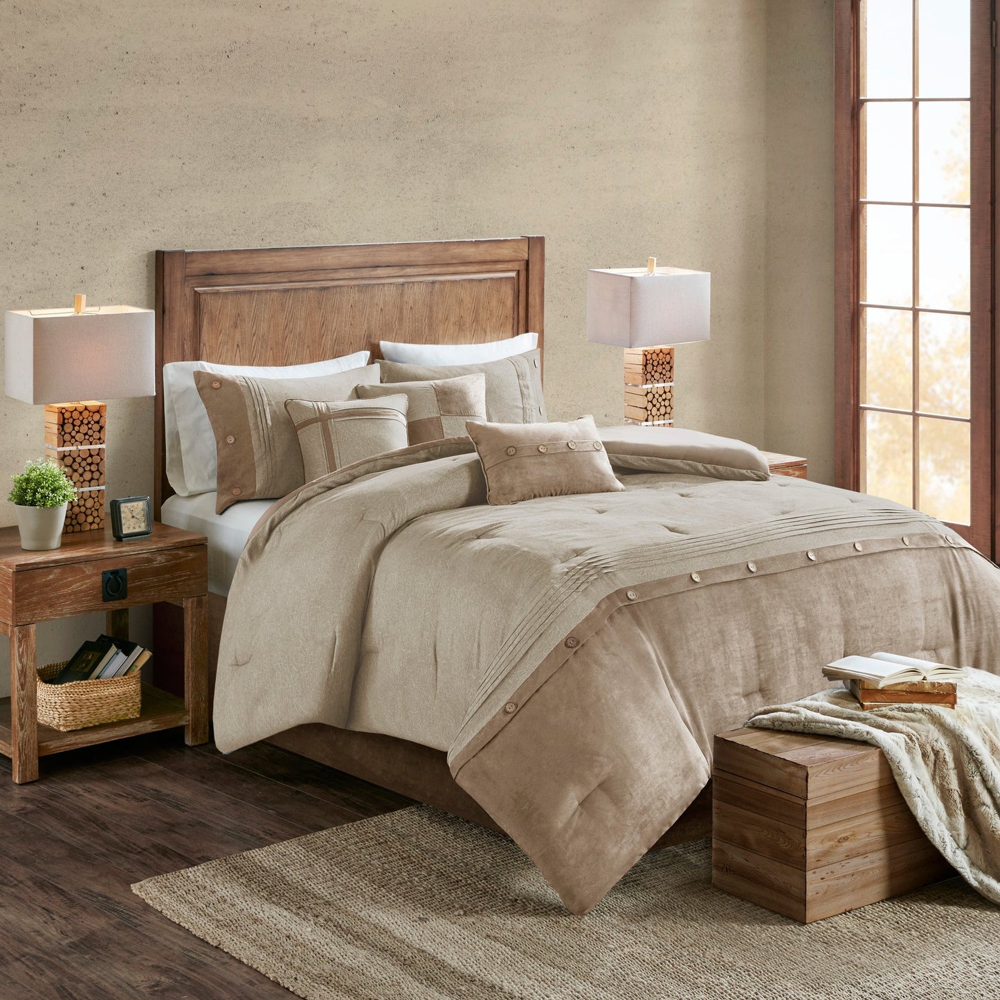 7 Piece Faux Suede Comforter Set Tan King HouseOfZazla in a warm beige bedroom with wood accents on Tampa Home & Garden Store