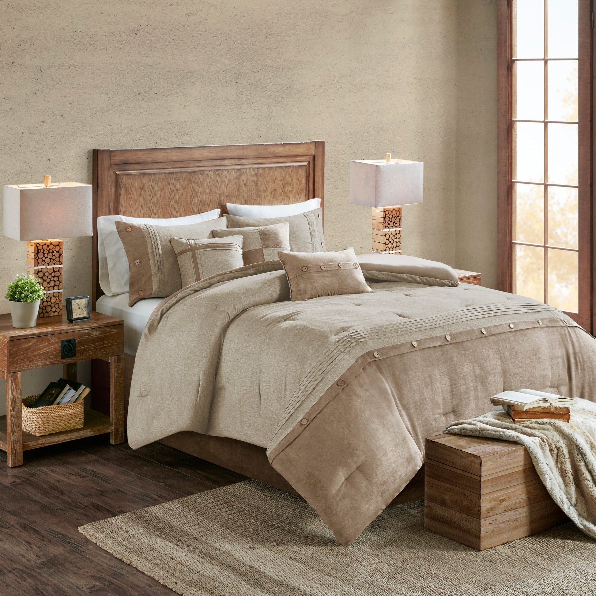 7 Piece Faux Suede Comforter Set Tan King HouseOfZazla in a warm beige bedroom with wood accents on Tampa Home & Garden Store