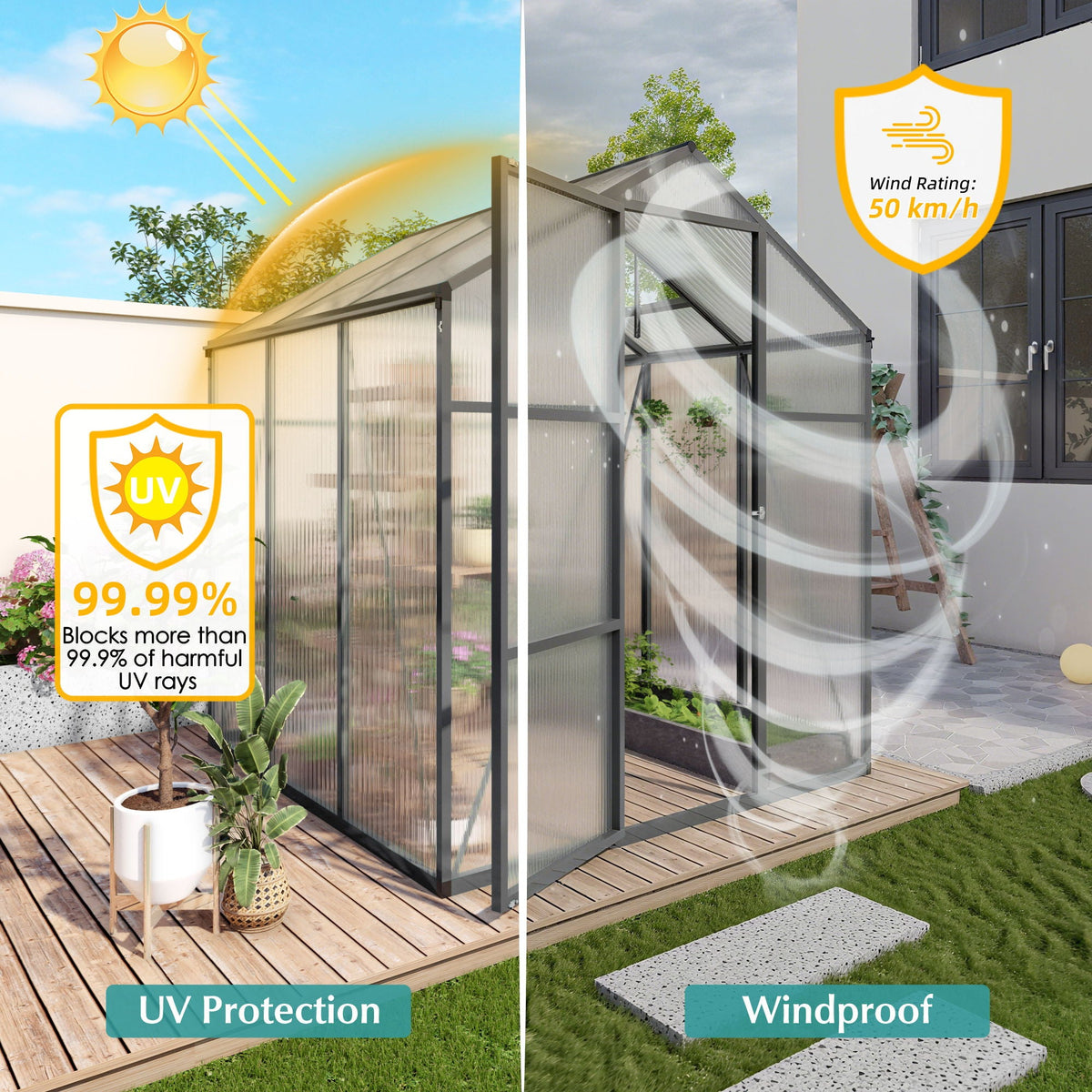 Windproof greenhouse with raised base, black frame, polycarbonate panels, HouseOfZazla on Tampa Home & Garden Store
