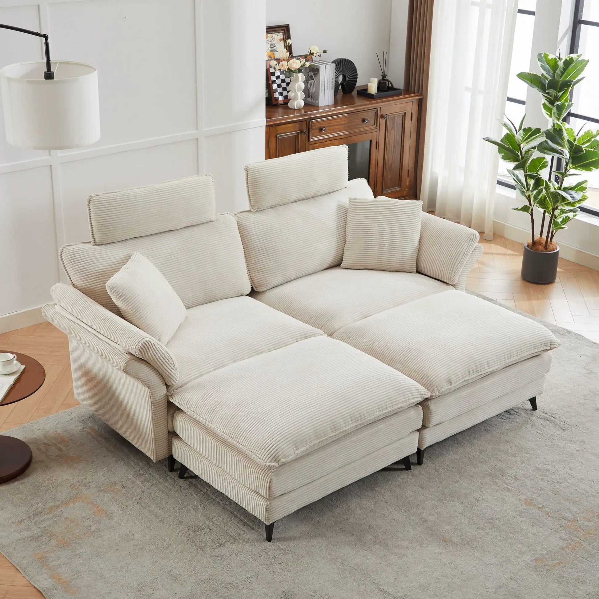 Modern Deep-Seat Sectional Sofa With Ottoman in beige corduroy, 3-piece set on Tampa Home & Garden Store
