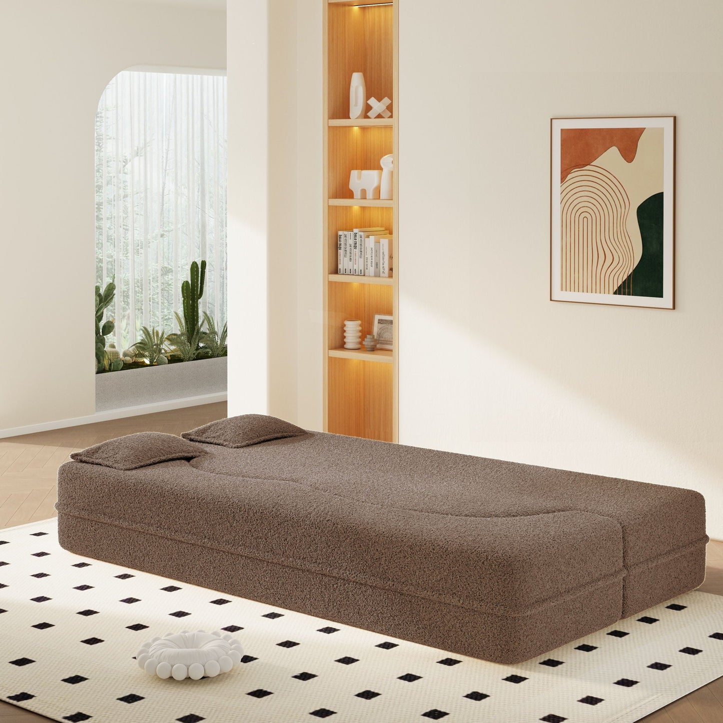 Modern Floor Sleeper Sofa Bed And Two Pillows