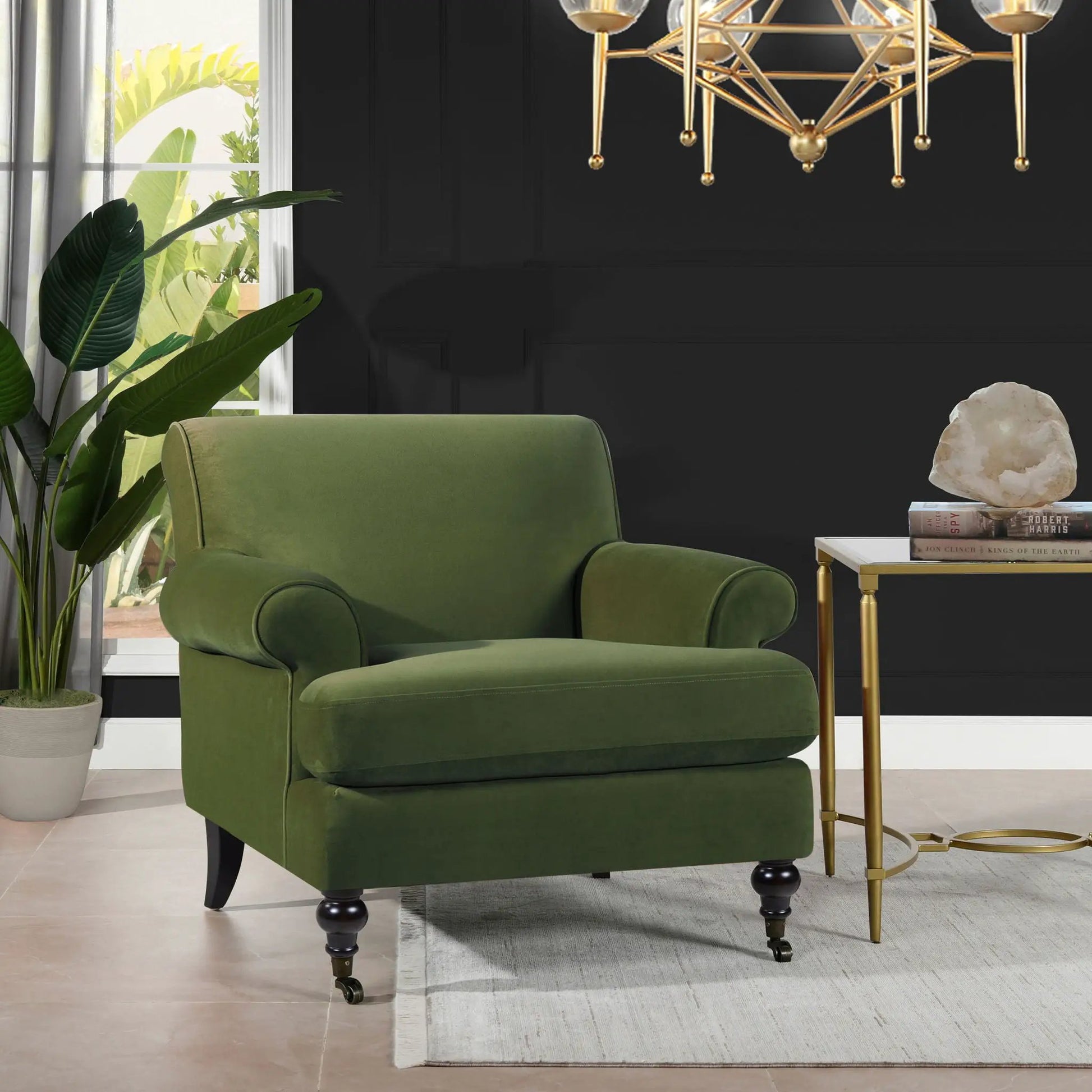 Alana Lawson accent arm chair with casters in green upholstery, curved arms and dark legs on Tampa Home & Garden Store