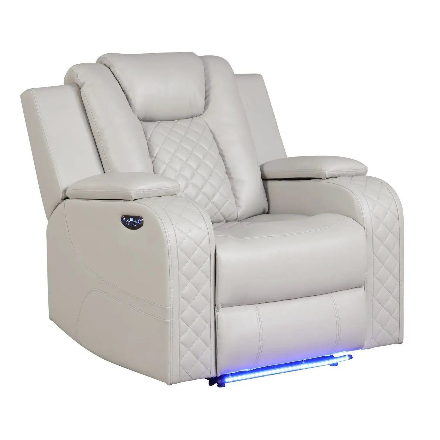 Benz LED Power Recliner Chair with adjustable headrest in light gray leather, diamond-stitched on Tampa Home & Garden Store