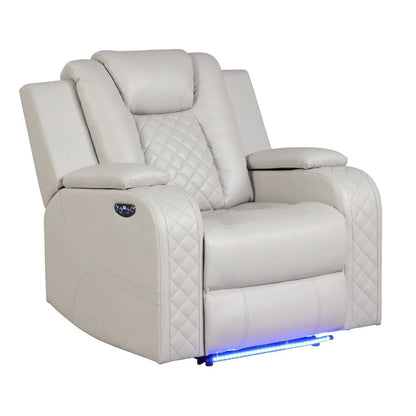 Benz LED Power Recliner Chair with adjustable headrest in light gray leather, diamond-stitched on Tampa Home & Garden Store