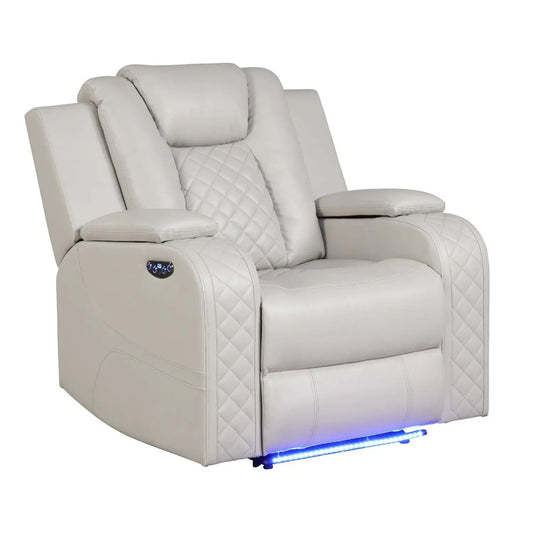 Benz LED Power Recliner Chair cream leather, quilted panels, on-arm controls, blue LED underbase on Tampa Home & Garden Store