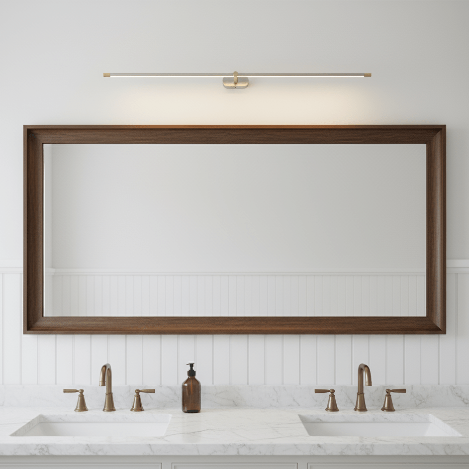 Rechargeable cordless linear LED wall lamp with remote Moktan Sabai over wood-framed mirror on Tampa Home & Garden Store