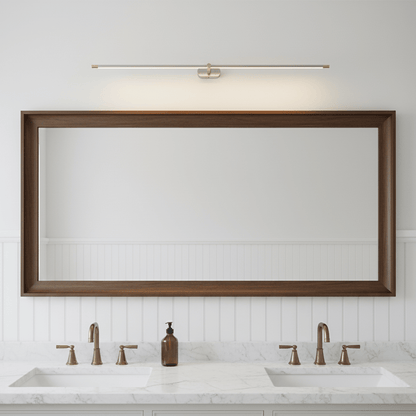 Rechargeable cordless linear LED wall lamp with remote Moktan Sabai over wood-framed mirror on Tampa Home & Garden Store