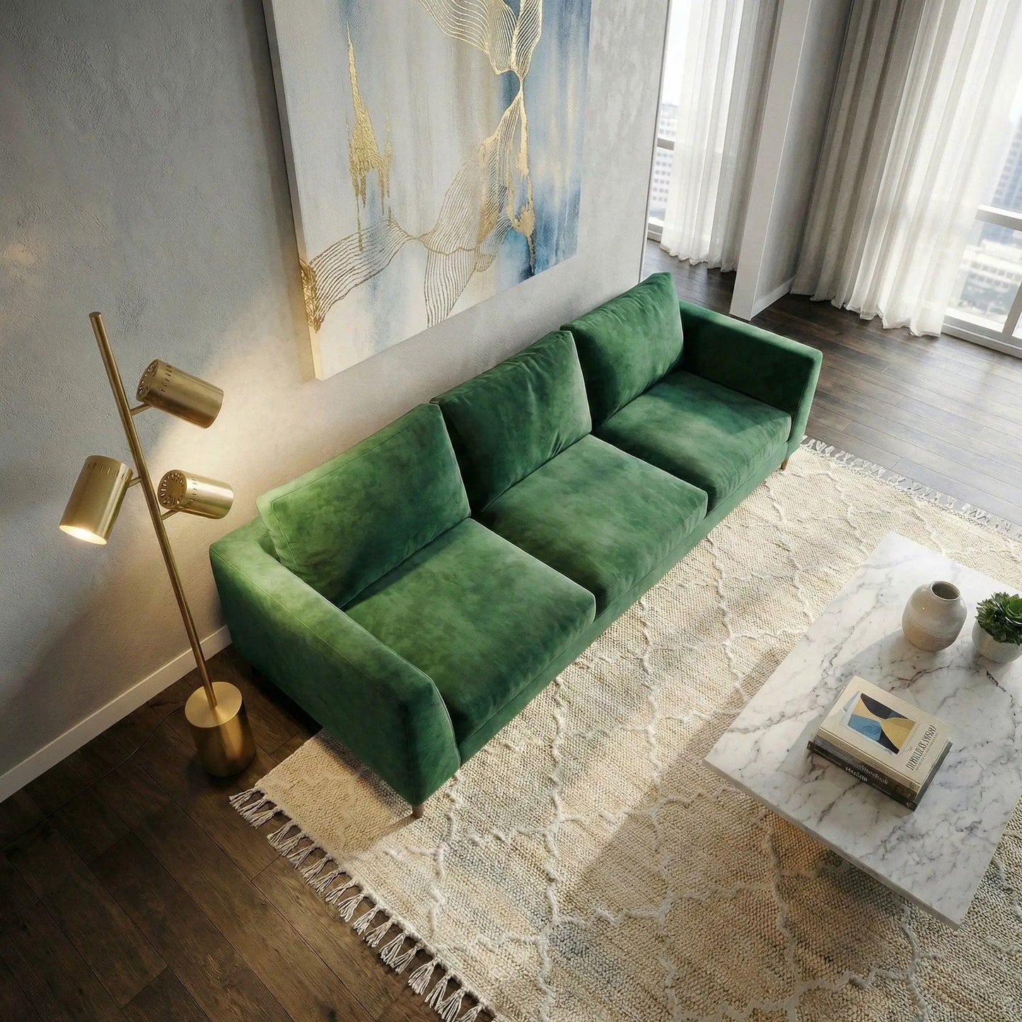 Harmony floor lamp with rotary switch, triple gold spots in a gold finish beside green sofa on Tampa Home & Garden Store