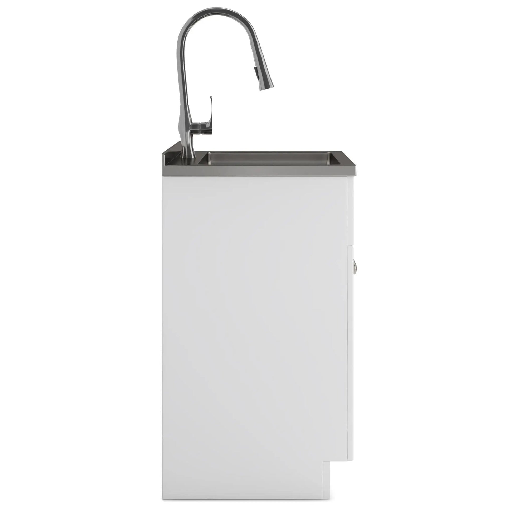 Beckham laundry cabinet vanity with stainless steel sink and gooseneck faucet on Tampa Home & Garden Store