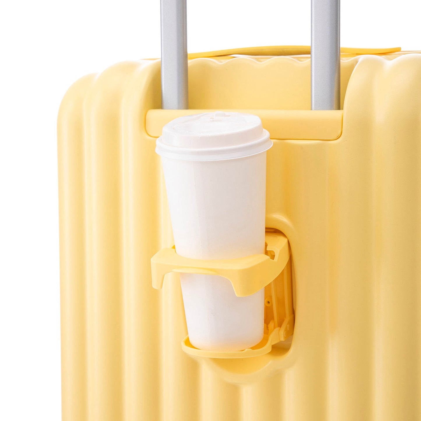 Yellow spinner wheel carry-on luggage with built-in cup holder on the handle on Tampa Home & Garden Store