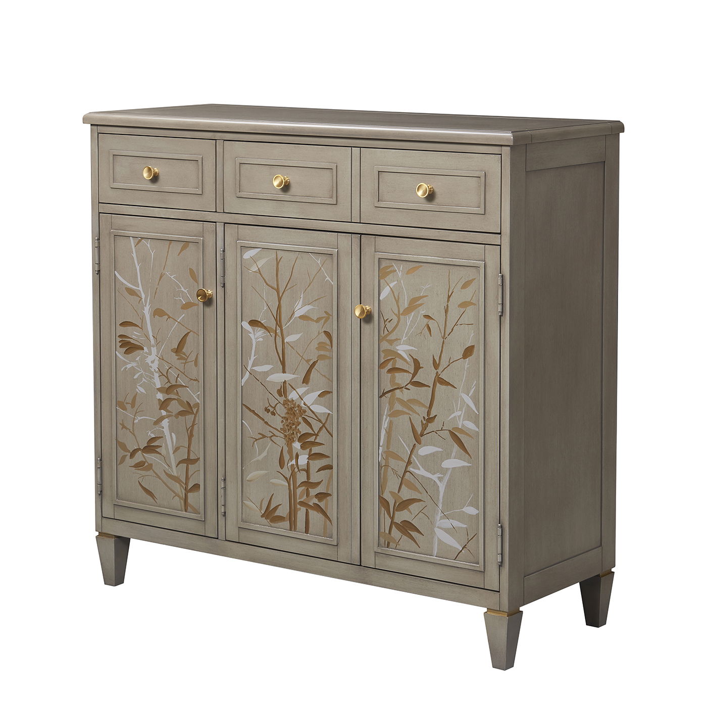 Dauphin Handpainted Entryway Storage Cabinet Gray Cashmere with gold knobs and floral doors on Tampa Home & Garden Store