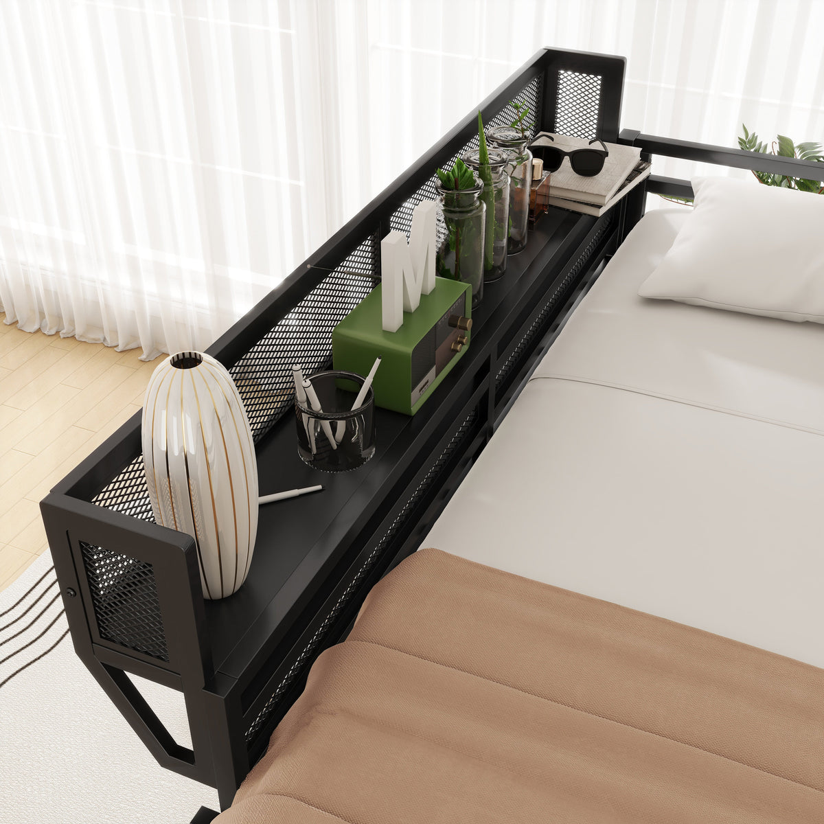 Full size loft bed with ladder and storage shelves in black metal by HouseOfZazla on Tampa Home & Garden Store