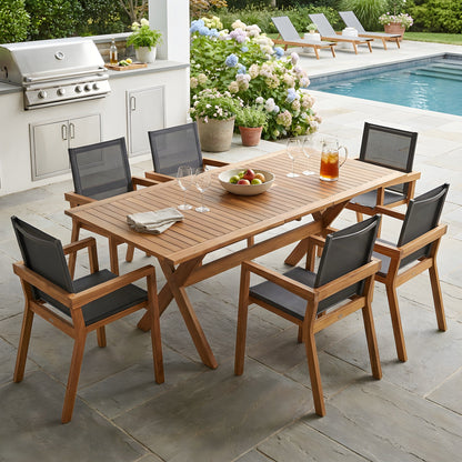Seven Piece Acacia Wood Outdoor Dining Set