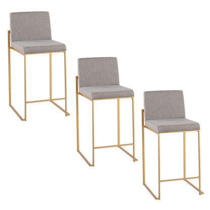Set of 3 high-back counter stools with upholstered gray seats and gold frames on Tampa Home & Garden Store