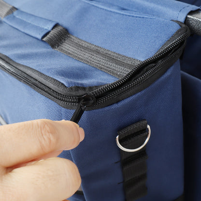 Outdoor wagon storage bag closeup in blue fabric with heavy-duty black zipper and metal D-rings on Tampa Home & Garden Store