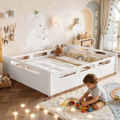 Queen size floor platform bed with guardrails in white, kid-friendly frame for a bedroom on Tampa Home & Garden Store