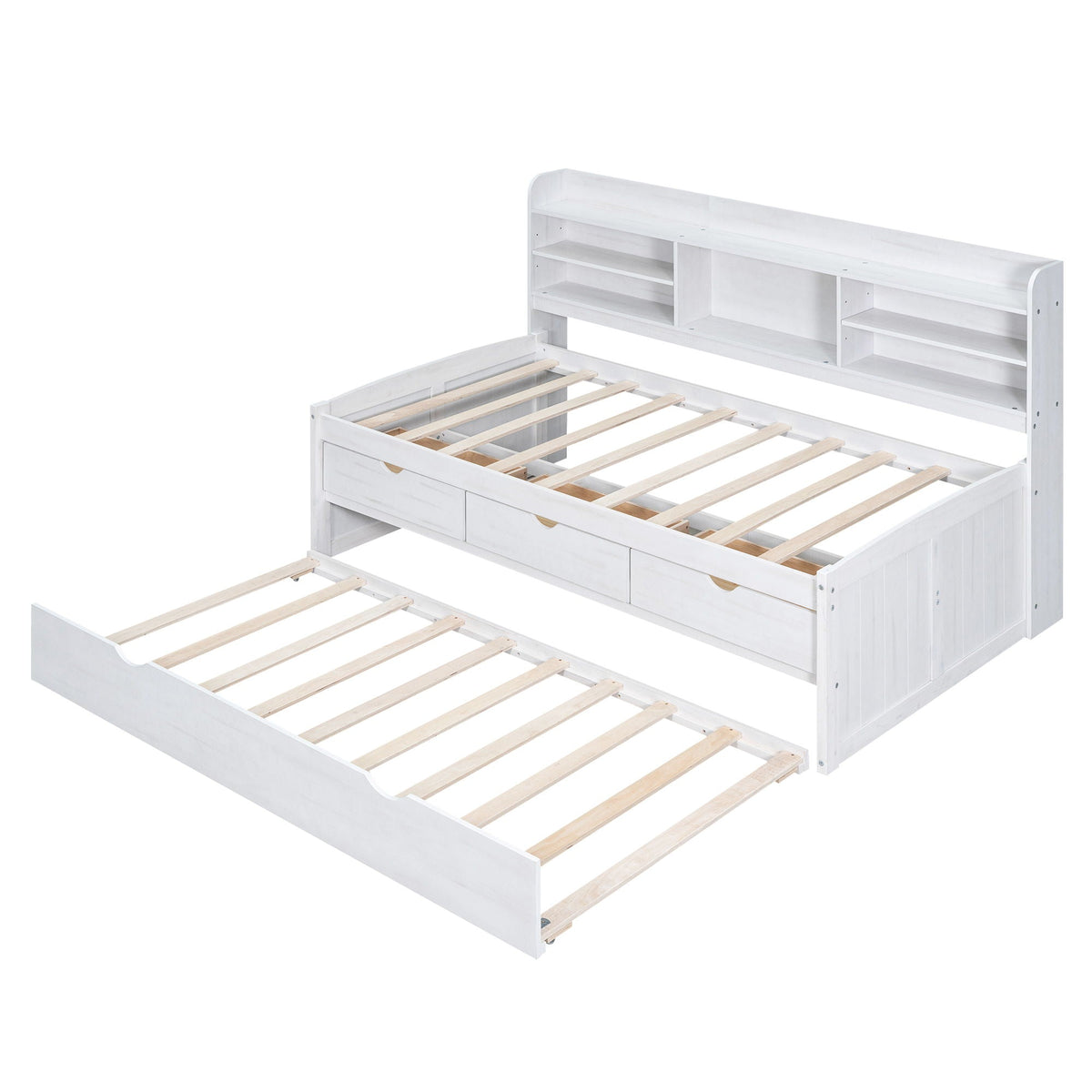 Captain bed with built-in bookshelves and trundle, whitewashed wood, 3 storage drawers on Tampa Home & Garden Store