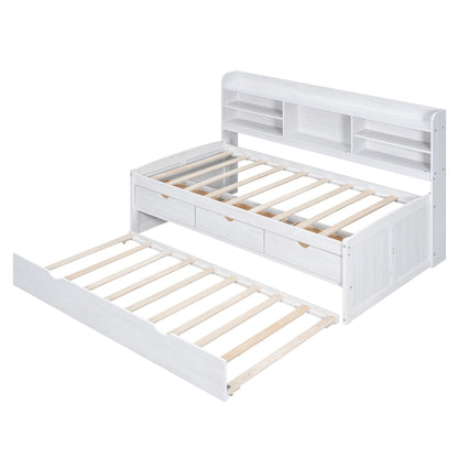 Captain bed with built-in bookshelves and trundle, whitewashed wood, 3 storage drawers on Tampa Home & Garden Store
