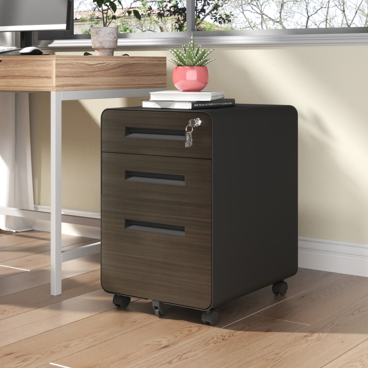 3-drawer mobile filing cabinet with lock and casters in black wood finish on Tampa Home & Garden Store