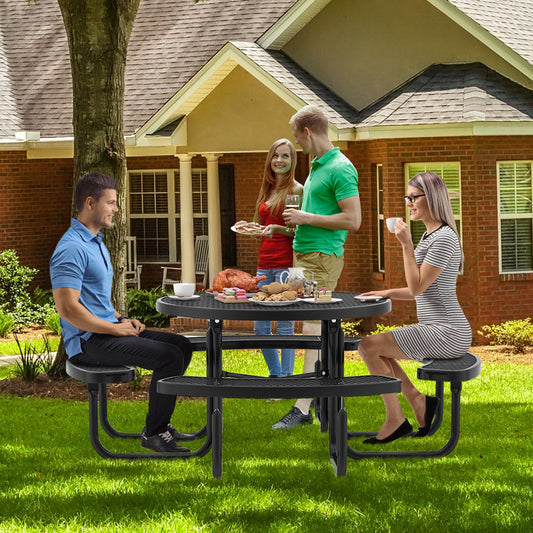45 Inches Outdoor Round Picnic Table and Bench Set for 8 with Umbrella Hole-Black - Tampa Home & Garden Store