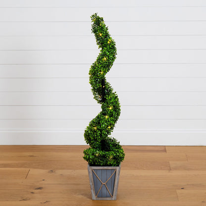 45” UV Resistant Artificial Boxwood Spiral Topiary Tree with LED Lights in Decorative Planter (Indoor/Outdoor) - Tampa Home & Garden Store