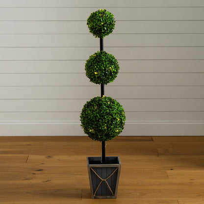 45" UV Resistant Artificial Triple Ball Boxwood Topiary with LED Lights in Decorative Planter (Indoor/Outdoor) - Tampa Home & Garden Store