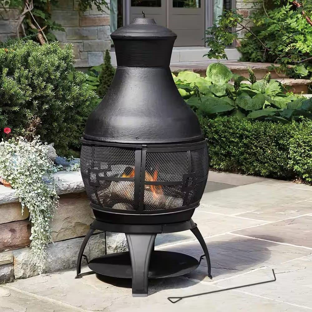 45-inch Black Cast Iron and Steel Outdoor Fire Pit Chimenea - Tampa Home & Garden Store