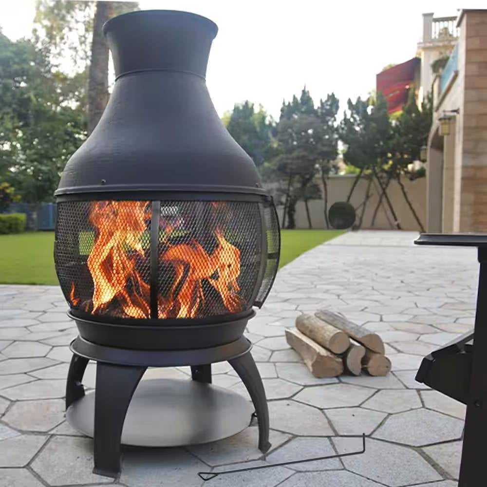45-inch Black Cast Iron and Steel Outdoor Fire Pit Chimenea - Tampa Home & Garden Store